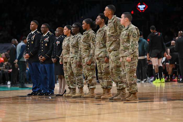 Dec 15, 2023; Washington, District of Columbia, USA; U.S. Army ROTC cadets from HBCUs are honored during a time out during between the Washington Wizards and the Indiana Pacers on military appreciation night at Capital One Arena. Washington Wizards defeated Indiana Pacers 137-123. Mandatory Credit: Tommy Gilligan-USA TODAY Sports